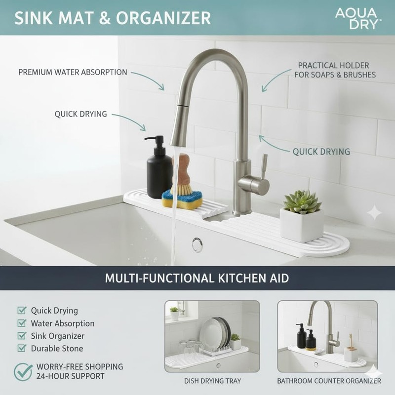 Faucet Mat for Kitchen Sink, Diatomite Stone Drying Sink Protectors,