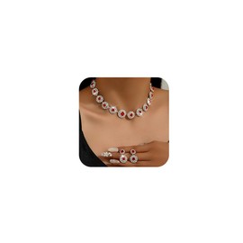 Chargances 3pcs Red Rhinestone Crystal Wedding Earrings Bracelet Set Bridal Bridesmaids Statement Choker Jewelry Set for Women (Red)