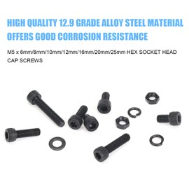 DYWISHKEY 226 Pieces M5 Black Screws, 12.9 Grade Alloy Steel M5x 6/8 /10/12 /16/20 /25mm Hex Socket Head Cap Screws Bolts Nuts Washers Assortment Kit