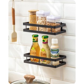 Metal Spice Rack Wall Mount Floating Shelves 2 Pack Black Storage organizer for Cabinet Door Pantry Kitchen Bathroom Supplies (9.8inches length)