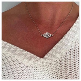 Allereya Vintage Crystal Hamsa Hand Necklace Evil Eyes Hamsa Hand Pendant Necklace Silver Buddha Palm Necklace Rhinestone Blue Evil Eye Necklace Chain Jewellery for Women and Girls (Silver)