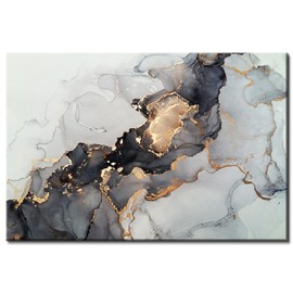 Abstract Wall Art for Living Room Black and Gold Marble Fluid Canvas Prints Bedroom Decor 60x90cm, Large Watercolor Grey Picture Office Artwork Modern Minimalist Painting Bathroom Home Decoration