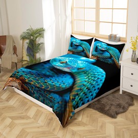 Castle Fairy Blue Snake Duvet Cover for Boys & Girls - 3D Reptile Comforter Cover, Full Size, Snake Skin Printed Bedding Set, Palm Leaf Bedclothes with Zipper