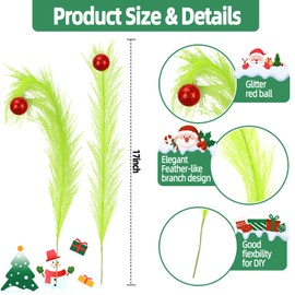 12 Pcs Christmas Tree Topper, 17'' Green Christmas Tree Picks with Red Ball, Curly Xmas Artificial Green Stems, Elf Ornaments, Christmas Tree Wreath Home Holiday Craft Decorations