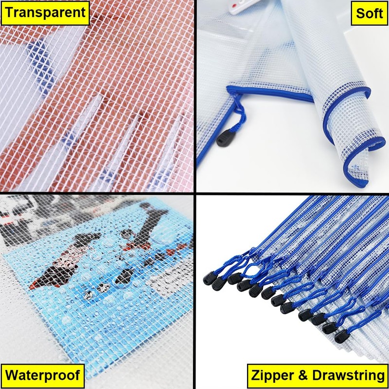 AUSTARK 10 Pcs Zipper File Bags, Waterproof Plastic Mesh Pouch