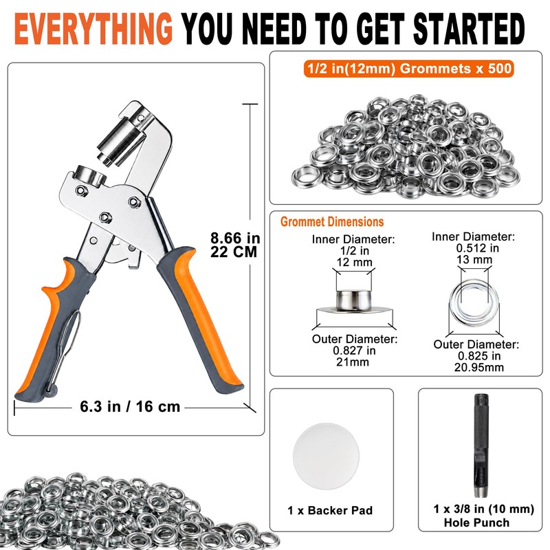 BIZOEPRO Grommet Tool Kit, 1/2 Inch 12mm 500 pcs Grommets,