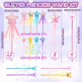 Janinka 24 Pack Glitter Princess Wand Kit for Kids Glitter Magic Dress up Wand Fairy Wand with Ribbon for Birthday Wedding Princess Dress up Role Play Party Supply Favor(Star,Butterfly,Glitter Star)