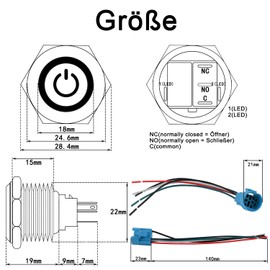 JIQI 22 mm Pressure Switch 12 V to 24 V 5 A Waterproof Latching Switch Made of Aluminium Alloy IP66 1NO1NC Pre-Wired Black On/Off Switch with Power Symbol LED for Truck RV Motorcycle Boat (Green)