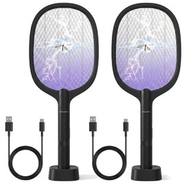 Fly Swatter Electric(2 Pack), USB-C Rechargeable Electric Fly Swatter Bug Zapper Racket, Portable Handheld Cordless Fly Swatter Racket to Kill Mosquitoes, Wasps, Gnats, Flies, Bugs, with Stand