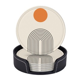 Abstract Boho Simple Minimalist Modern Coasters for Drinks Round Leather Coaster with Holder Set of 6 for Tabletop Protection Desk Accessories Office Home Room Decor