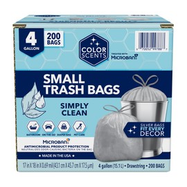 Color Scents Small Trash Bags - 4 Gallon, 200 Bags (1 Pack of 200 Count), Drawstring - Silver Bag in Simply Clean Scent with Microban