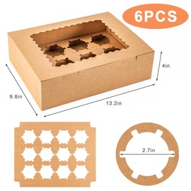 Hoewina 6PCS Cupcake Boxes - Hold 12 Count Cupcake Containers with Window, Food Grade Cupcake Holder Easy Transport and Presentation - Ideal for Cupcakes, Desserts, and More (Brown)