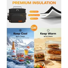 HOTOR Insulated Lunch Box for Men & Women - Leak-Proof Cooler Lunch Bag with 4 Pockets, Adjustable Strap, Ideal for Work, Picnic, Travel - Large, Black, 33.0 x 20.1 x 23.1cm