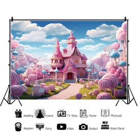 Sweet Cartoon Castle Backdrop Lollipop Candyland Party Supplies for Girl Princess 1st First Birthday Decoration Ice Cream Cloud Photography Background Photo Studio Backdrop Vinyl 5x7ft