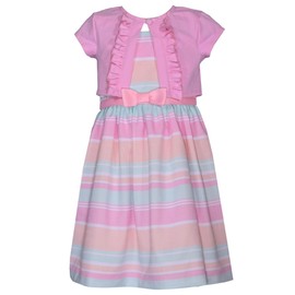 Bonnie Jean Girl's Easter Dress - Spring Striped Dress with Cardigan for Baby Toddler Little and Big Girls, Pink, 14