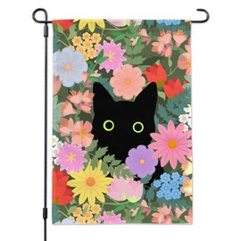 Black Cat Hiding in Spring Flowers Garden Yard Flag