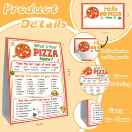 Funny Pizza Theme Game Cards Set, What's Your Pizza Name Game Card, Including 1 Pizza Name Game Sign and 30 Name Sticker, Perfect for Birthday Party Game Activities