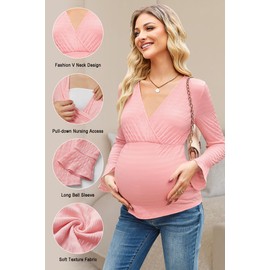 OUGES Women Casual Maternity Tops Shirts Wrap V Neck Lightweight Textured Pregnancy Clothes Long Sleeve Shirts for Women 2025(Pink,L)