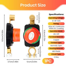 12-48V Car Battery Kill Switch, Top Post Battery Disconnect Switch, Brass Body Negative On Off Quick Cutoff Isolator for Cars Trucks RV Boat Marine ATV Solar Systems Prevents Drain During Storage