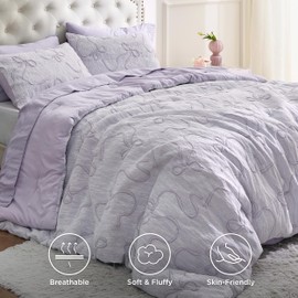 Bedsure Full Size Comforter Set, Light Purple Boho Tufted Bed Set, 3D Puffy Jacquard Bedding Full Size, 3 Pieces, 1 Farmhouse Shabby Chic Embroidery Comforter with Bow Pattern & 2 Pillow Cases
