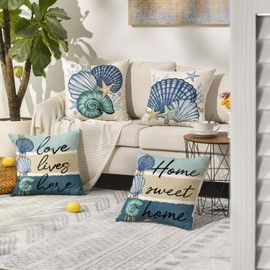 Summer Ocean Sea Shell Home Sweet Home Throw Pillow Covers, 18 x 18 Inch Love Lives Here Conch Starfish Coral Holiday Seasonal Cushion Case Decorations Set of 4