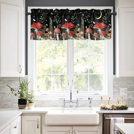 Mushroom Black Curtain Valance for Windows/Kitchen/Living Room/Bedroom,Rod Pocket Window Valance Curtain Panel Drape Short Topper Small Tier Cafe Drape Starry Eucalyptus Leaves Moon Flower 42X18