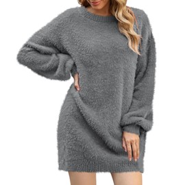 Meenew Women's Solid Long Sleeve Round Neck Oversized Knit Sweater Dress Gray L
