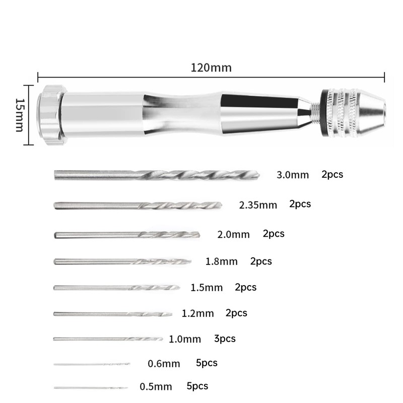 Silver Color Precision Pin Vise Hand Drill with 25Pcs HSS