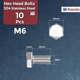Kozelo 10 Pcs Hex Head Screws Bolts - [M6-1x12] 304 Stainless Steel Grade A2-70 Fully Threaded Hex Tap Metric Hexagon Head Machine Bolts Left Hand External Hex Drive, Silver Tone