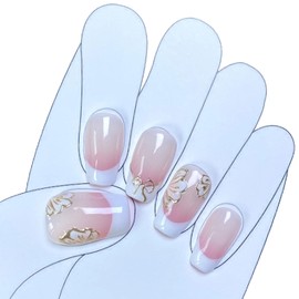 Short Coffin Press on Nails Handmade False Nails with Designs, 3D Hand-painted Reusable Fake Nails Stick on Nail (White French Tip, L)