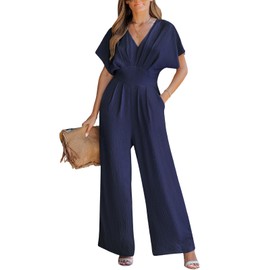 CUPSHE Womens Summer Jumpsuit V-Neck Short Dolman Sleeve Overall Wide Leg Long Playsuit Casual Holiday Outfits Navy Blue S