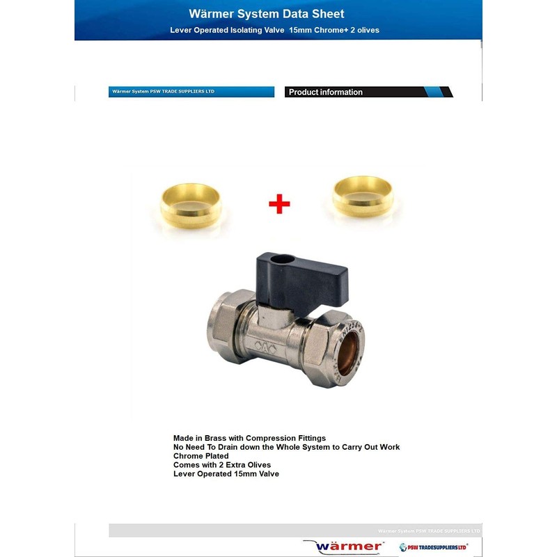 Lever Operated Isolating Valve 15mm Chrome+2 Olives Wärmer System PSW