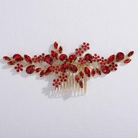 Lenjicons Wedding Floral Rhinestone Hair Comb Sparkling Crystal Bridal Hair Accessories Handmade Rhinestone Wedding Hair Comb Crystal Bridal Headpiece for Women (red)