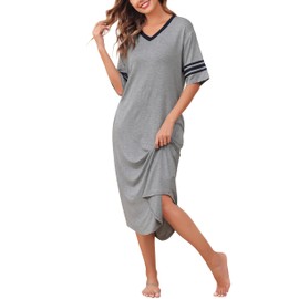 Vlazom Women's Long Nightshirt V Neck Nightdress Boyfriend Style Oversized Sleepshirt Loose Nighties with Pockets,Grey,M