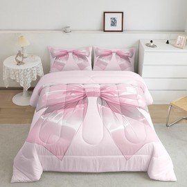 Feelyou Kids Sparkly Bow Comforter Set Full Size, Minimalist Bowknot Duvet Insert Boys Girls Pink Knot Bedding Set Teens Bedroom Decor with 2 Pillow Case