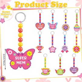 Kenning 24 Pcs Mother's Day Keychains Gifts Bulk Wooden Mother's Day Keychains with Plastic Beads Best Mom I Love Mom Gifts for Women Mother Party Favors