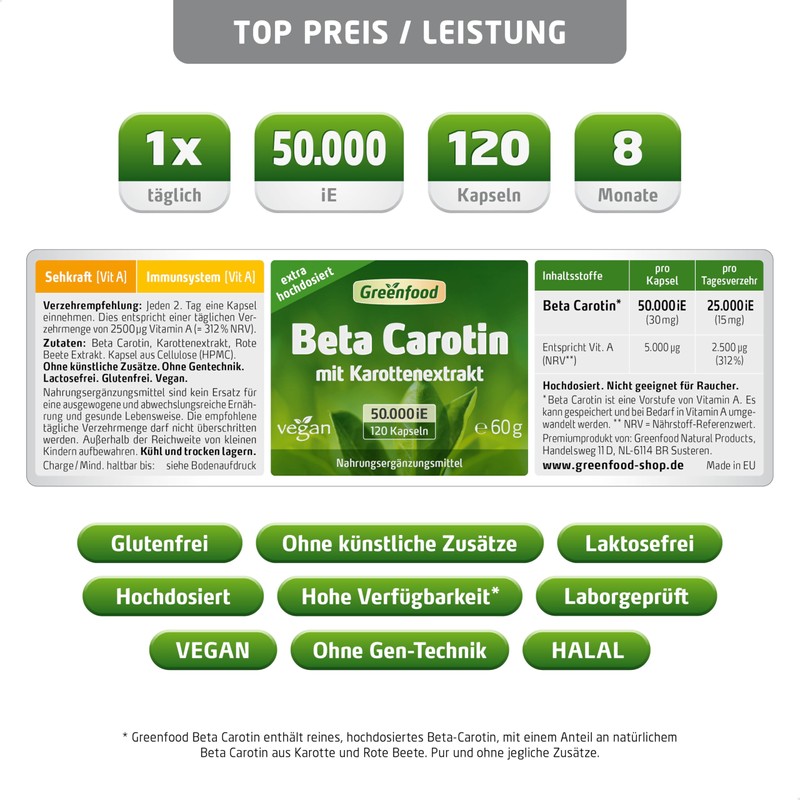 Greenfood Beta Carotene Capsules, 50,000 iE (30 mg), Vegi-Capsules, Extra