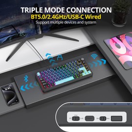 surmen M75 75% Wireless Creamy Keyboard with Gasket, Pre-lubed Triple Mode Bluetooth Mechanical Gaming Keyboard BT5.0/2.4Ghz/USB with Sound Absorbing Pads Hot-Swap(Deep Sea)