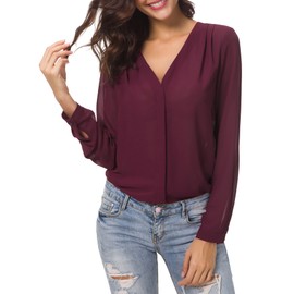 Urban CoCo Womens V Neck Ruffled Shoulder Business Causal Chiffon Blouse Button Down Shirts (Small, Wine Red)