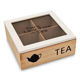 The Square Wooden Herbal Tea Box with 4 Tea Boxes, White Tea Bag Holder Box, 18 x 18 x 7 cm