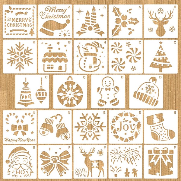 HOWAF Christmas Stencil Set, 24 Pieces Plastic Drawing Stencils Painting Stencils Reusable for Scrapbooking Photo Album, DIY Gift Cards, Gifts Christmas Children