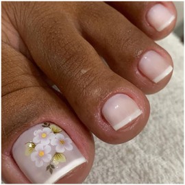 24Pcs Toe Nail Press ons French Tip Press on Toenails for Women Short Square Fake Toenails with Spring Flowers Design Fake Toe nails Manicure Luxury Glossy Toenail Press on nails