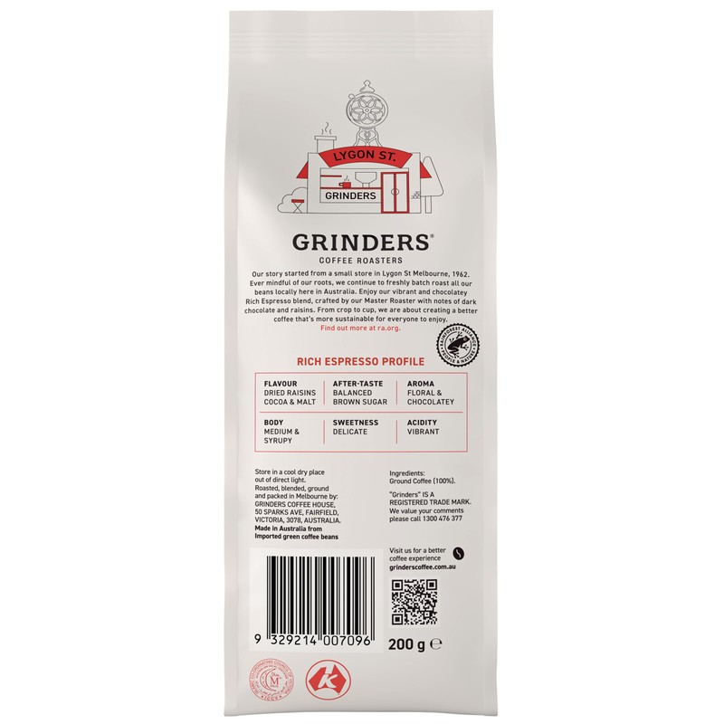 Grinders Rich Espresso Ground Coffee, 200g