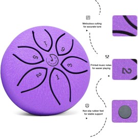 Rain Drum for Outside- Steel Tongue Drum 3 Inch 6 Notes C-Key Handpan Drum Percussion Instrument Ethereal Drum with Cloth Bag,Music Book and Mallets, Music Gift for Kids(3inch, Purple)