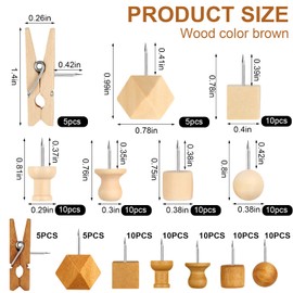 120Pcs Wooden Thumb Tacks, Wood and Brown Push Pins, 7 Shapes Push Pins for Cork Board Decoration Tacks, Push Pins for Wall for Bulletin Boards, Cork Boards, Whiteboards, Photo Walls, Crafts Project