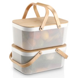 Kritkin 2 Pack Plastic Mesh Baskets with Wood Handle, Harvest Basket with Bamboo Lids, Stackable Storage Baskets Fruit Vegetable Storage Organizer Bins Kitchen Bathroom Pantry, Garden, Picnic (White)