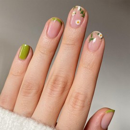 French False Nails Short - 24Pcs Pink Green French Tip Press On Nails Square with Flower Desgin, Cute Acrylic Full Cover Fake Nail Stick on Nails for Women Girls Valentines Nails Art