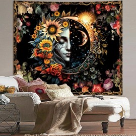 TVTLTVT Sun and Moon Tapestry,Psychedelic Mystic Floral Tapestry Wall Hanging Modern Aesthetic Wall Tapestry Hippie Boho Wall Art for Home Decor Bedroom Living Room Wall Decor Gift 59x51in
