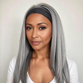 soul lady Silver Gray Straight Hair Headband Wig Real Human Hair Glueless Wigs For Women Silver Gray Wear and Go Headband Wig Non Lace Headband Wig Human Hair with Bangs Grey Wigs 12 Inch