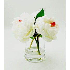 Floral Kingdom Real Touch Latex White Peony Bouquet in Glass Vase 3-Pack Artificial Flowers with Faux Water for Tabletop Centerpieces, Home Decor, Weddings